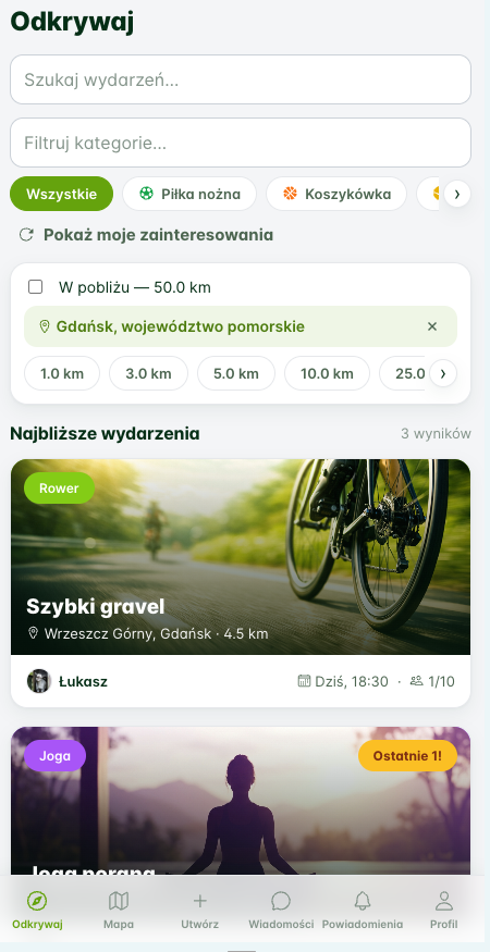 Lista wydarzeń sportowych w aplikacji Huddlo